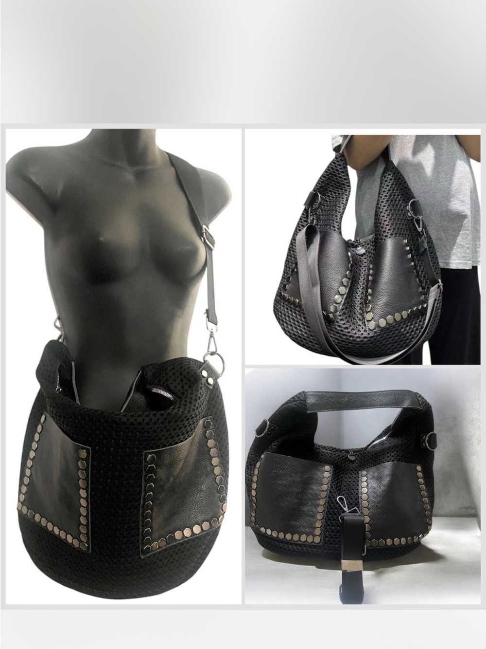 Stylish Large Black Tote Hobo Bag with rivets